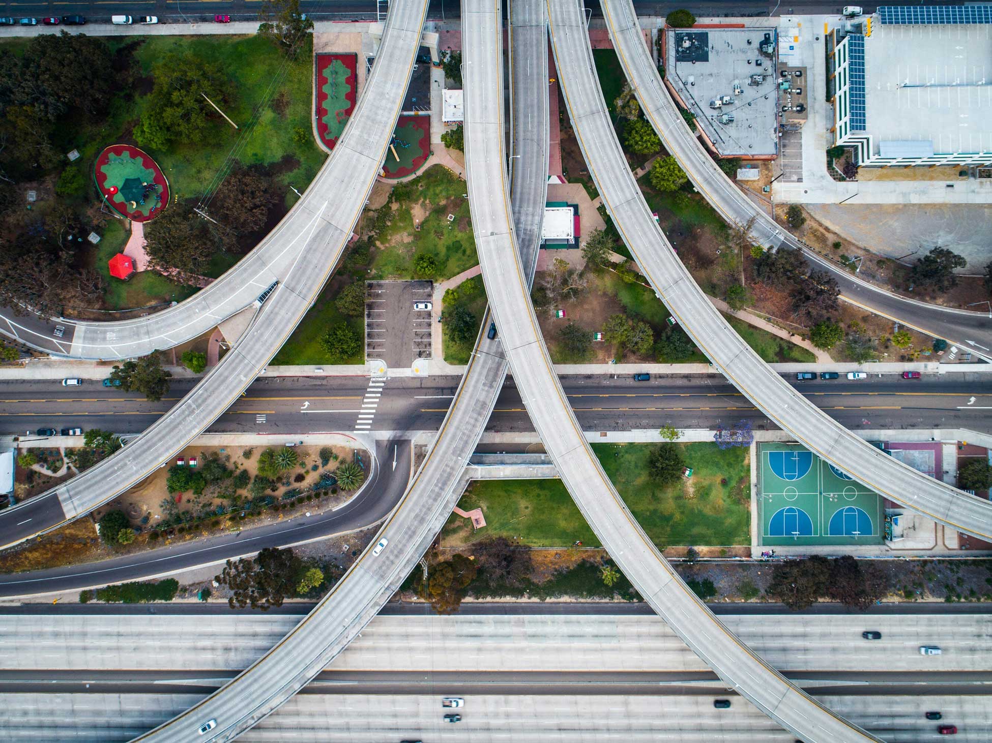 Roads intersecting on an overpass.